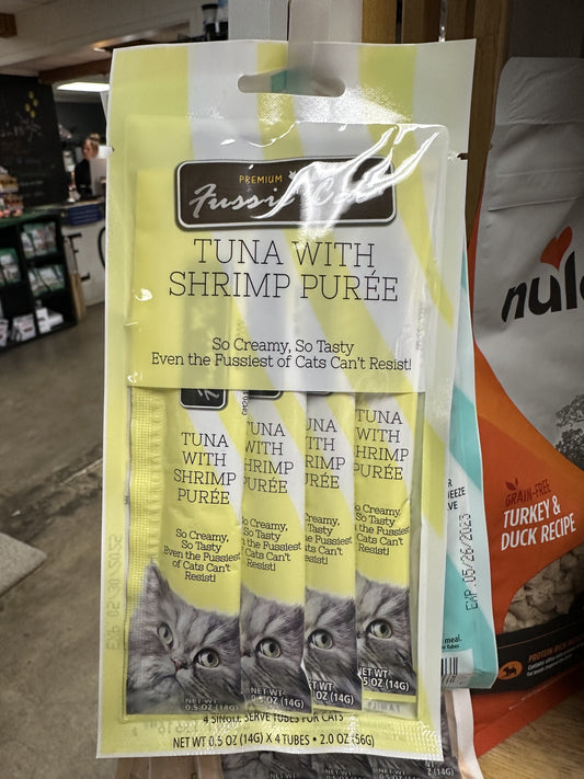 Fussie Cat Treat Puree, Tuna with Shrimp, 4 pack